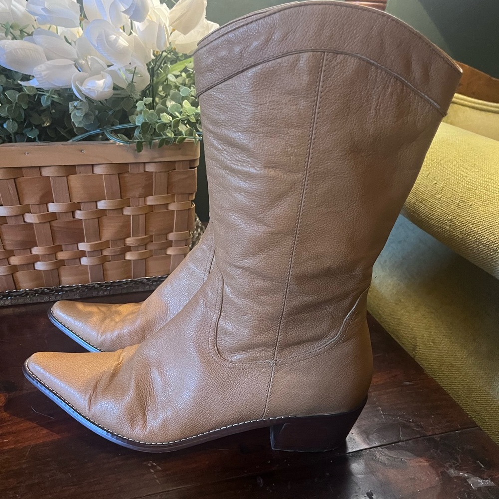 Anne Klein Tan Leather Mid-Calf Western Heeled Boots